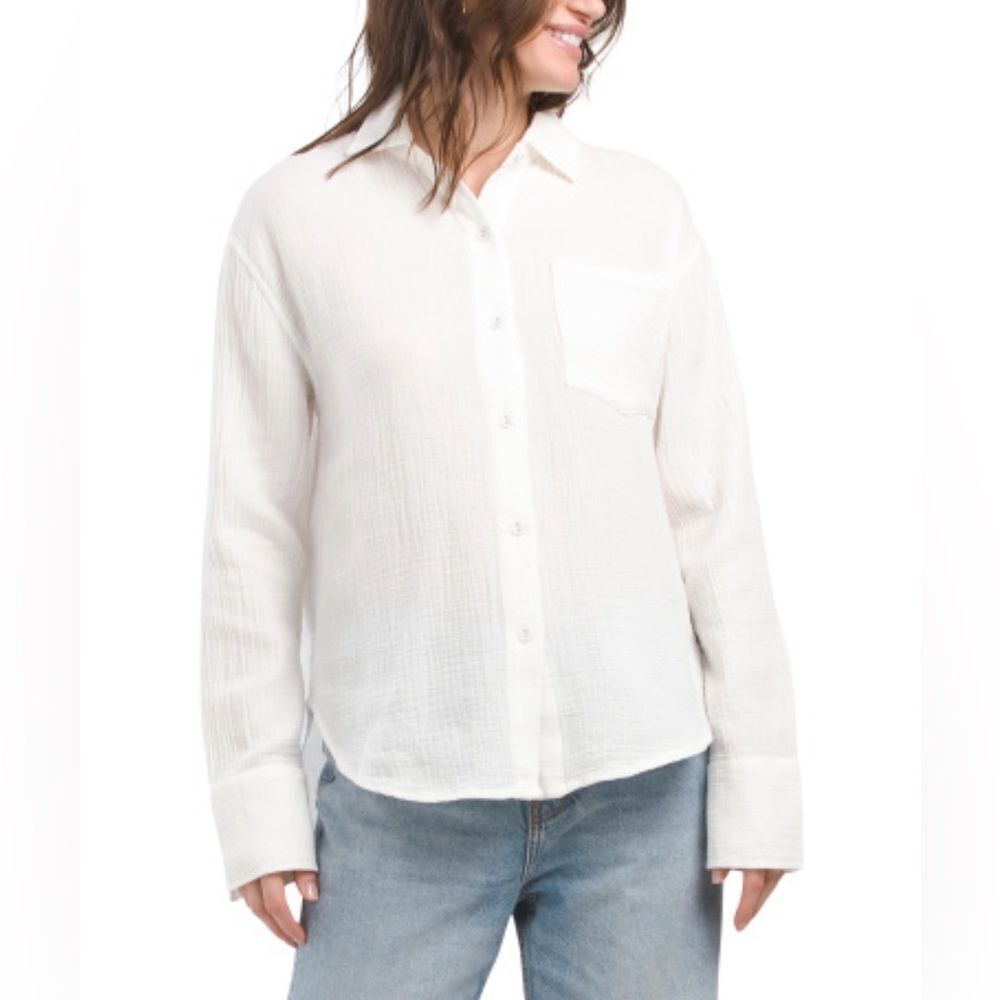 Steve Madden Juna White Button Front Classic Collar Long Sleeve Top